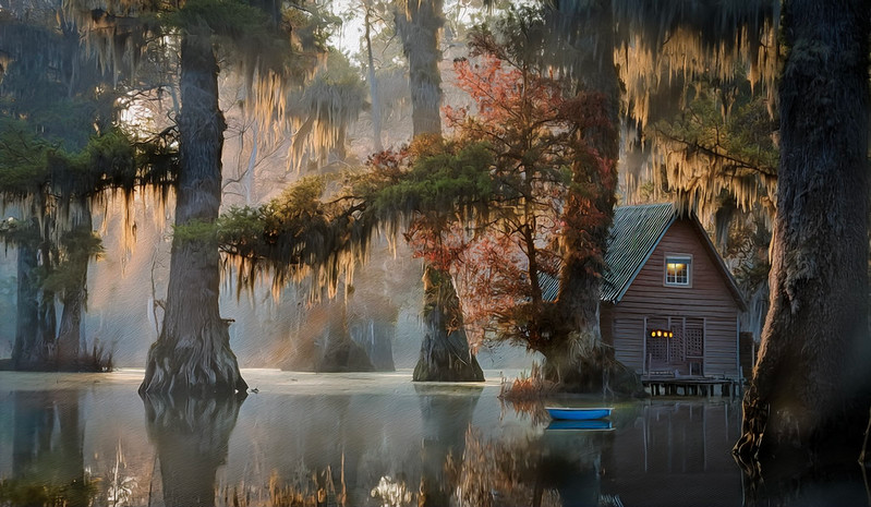 Swamp scene with a cottage in the misty distance, porch lights on.