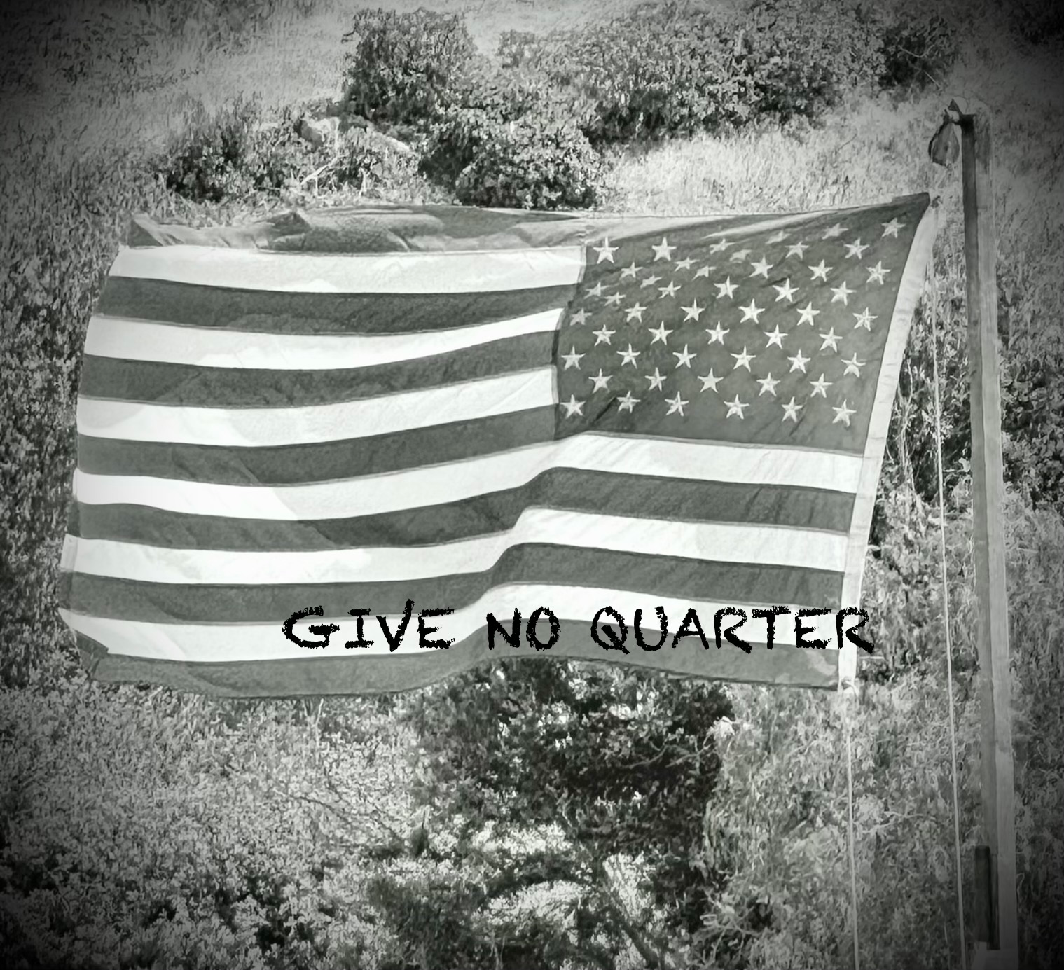 Black and white image of a U.S. flag with the word "Give no quarter" written across the bottom