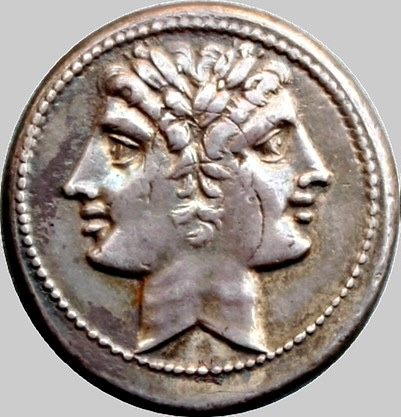 Roman coin featuring the dual faces of the demi-god Janus, circa 225-215BC