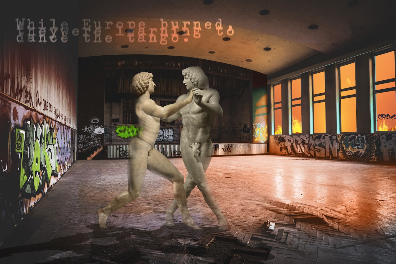 Two male Classical statues dancing the Tango while flames show through the window.