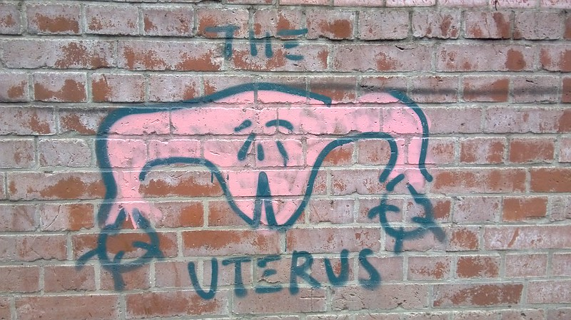 Brick wall with a pink cartoon uterus painted and labeled.