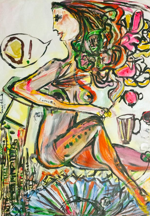 Painting of a female figure speaking with an exclamation point